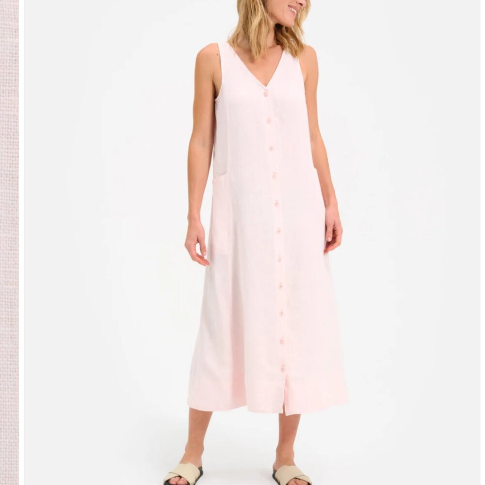 Mate organic linen sleeveless button down pale pink midi dress